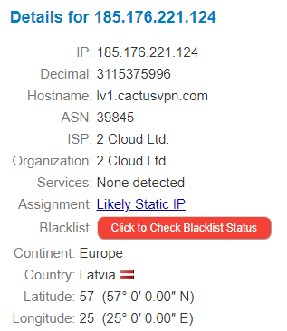   جستجوی آدرس IP لتونی CactusVPN 