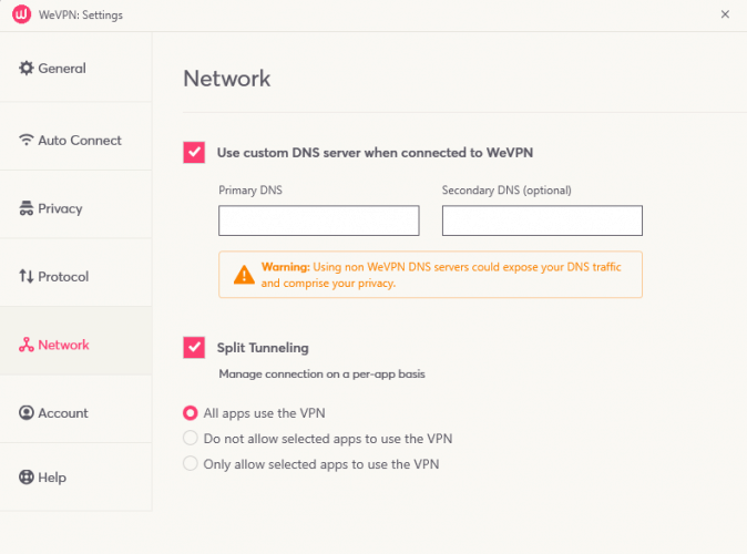   تنظیمات شبکه WeVPN 