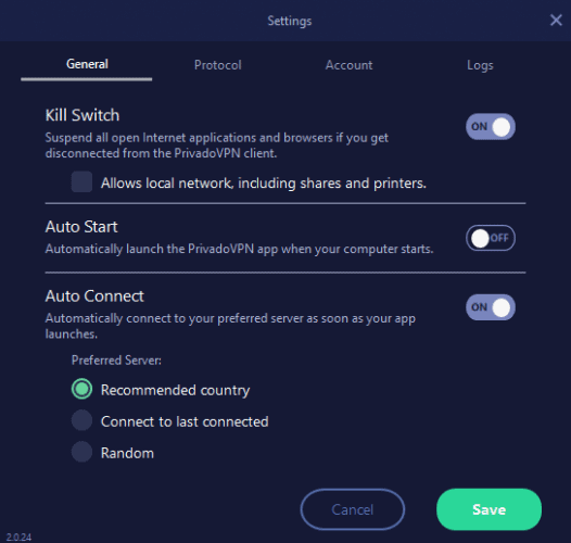   تنظیمات اتصال PrivadoVPN 
